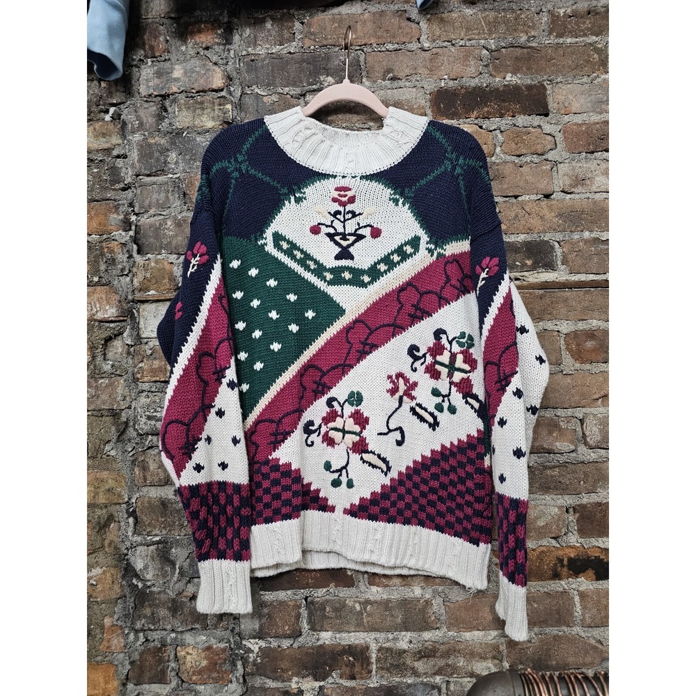 Vtg 80s Ninon‎ De Lenclos Women Handknit Colorful Sweater Sz Medium Floral